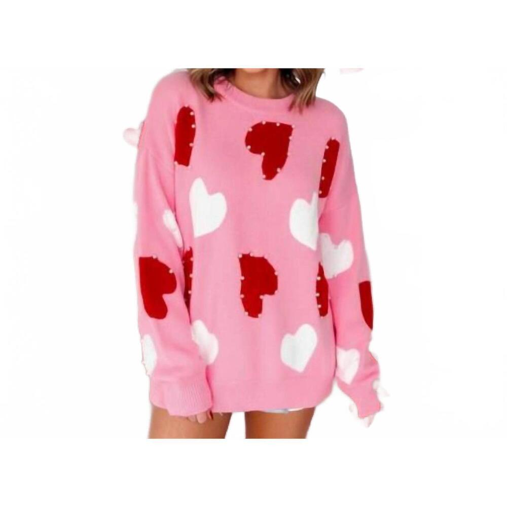 NEW AAPPARELLA oversized heart pearl trim sweater in pink